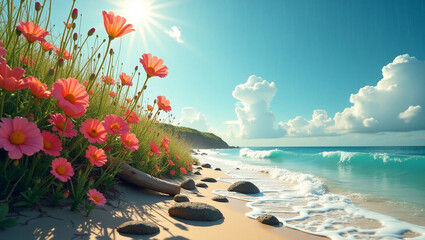 Bright Wildflowers Blooming Along Ocean Shoreline.
Vivid pink flowers bloom near a serene beach under blue sky and sunshine.


