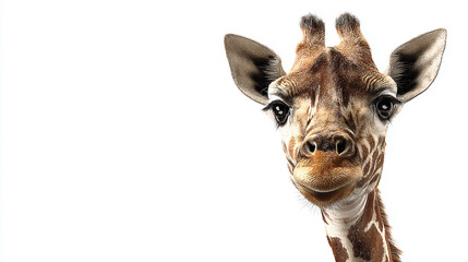 Obraz premium Close-up of a giraffe's head and neck on a white background. The giraffe is in sharp focus, showcasing its distinctive brown and white pattern, with a light gradient.
