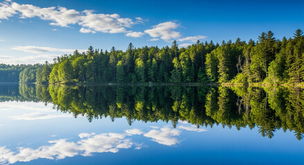 Calm Forest Reflected on Clear Lake Surface.
Mirror reflection of a dense forest and blue sky over a still lake in peaceful surroundings.

