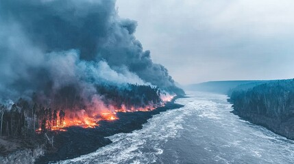Fototapeta premium red-hot rivers of lava cutting through dark rock, smoke clouds rising, a dramatic sky at dusk 