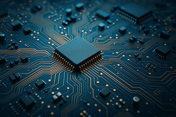 A detailed close-up of a central processor unit (CPU) mounted on a green printed circuit board (PCB), highlighting intricate electronic components and connections.

