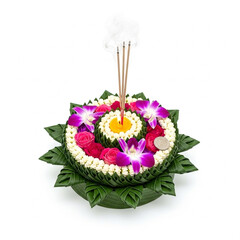 Colorful Krathong Decorated with Roses and Coins.
Elaborate krathong with roses, orchids, jasmine, incense, and coins for Loy Krathong celebration in Thailand.

