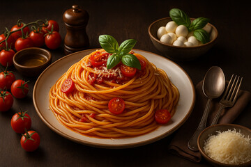 Italian Spaghetti with Tomatoes and Parmesan.
A vibrant bowl of Italian spaghetti, generously topped with fresh cherry tomatoes, basil leaves, and grated Parmesan cheese, ready to be enjoyed.

