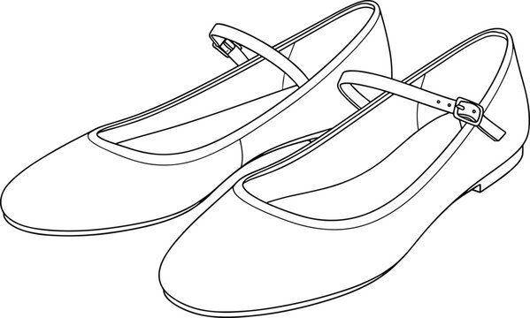 Classic Women's Mary Jane Flats Shoes CAD Drawing Flat Vector Illustration - Timeless Footwear Design for Fashion, Dance, and Casual Wear