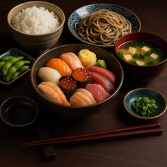 A traditional Japanese meal with various dishes including rice, soup, tempura, and grilled fish, artfully arranged on a rustic wooden table in a warm, inviting setting.


