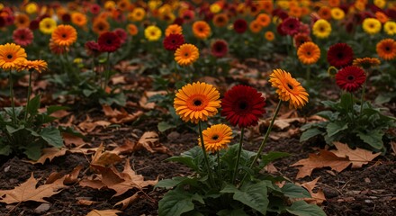Close up of a vibrant gerbera daisy flower bed with fallen leaves in a garden setting during autumn