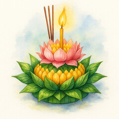 Traditional Pink Lotus Loy Krathong Float.
A beautiful watercolor illustration of a Loy Krathong float crafted from banana leaves, adorned with a delicate pink lotus flower, yellow petals, a burning 
