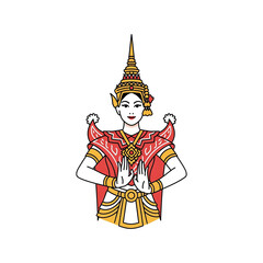 Traditional Thai Dancer in Greeting Pose.
Thai cultural illustration of a female dancer in traditional costume performing a greeting gesture.

