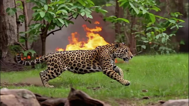 Jaguar Running Through Forest During Wildfire with Dramatic Orange Flames and Smoke