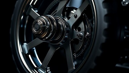 Polished metal wheel with intricate design, highlighted by industrial chrome reflections.