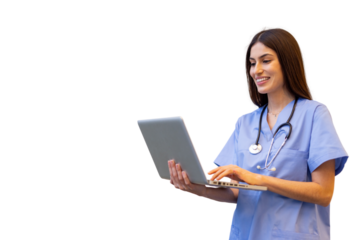 Smiling healthcare worker in blue scrubs typing on laptop, stethoscope draped around neck, isolated background