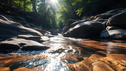 A serene forest stream with crystal-clear water flowing over smooth rocks, dappled sunlight filtering through the trees.