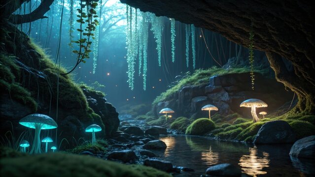 Enchanting bioluminescent mushrooms illuminate a mystical forest stream creating a magical, serene atmosphere. - Powered by Adobe