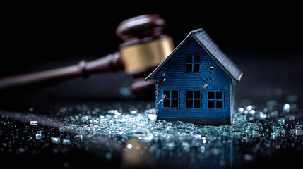 Auctioned House: Legal & Property. Gavel symbolizes judgment, a blue house over the shattered glass indicating misfortune. Real Estate law and finance themes.