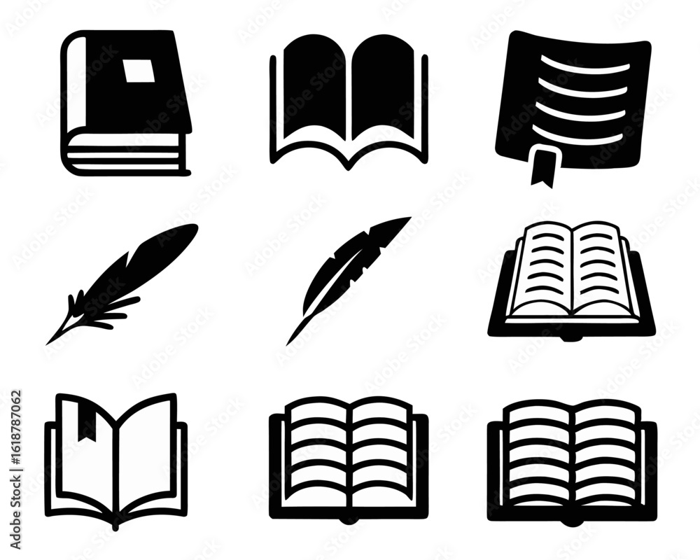 Poster collection of simple line art symbols representing classic literary themes and objects in a minimali