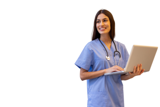 Smiling healthcare worker checking medical data on laptop, wearing professional attire, isolated