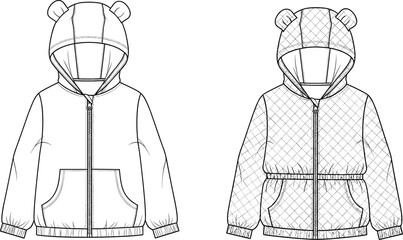  Cute Kids' Hooded Jacket with Bear Ears - Flat Vector Illustration - Plain and Quilted Versions for Children's Apparel Design and Babywear