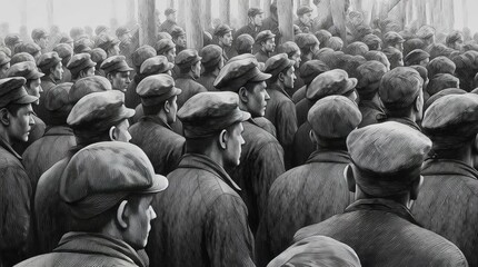 Black and white illustration of 1920s era workers forming a labor union and protesting unfair labor practices - industrial revolution and workers rights concept for activism in the workplace