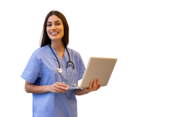 Professional healthcare worker smiling, holding laptop, representing medical technology and digital connectivity on transparent background