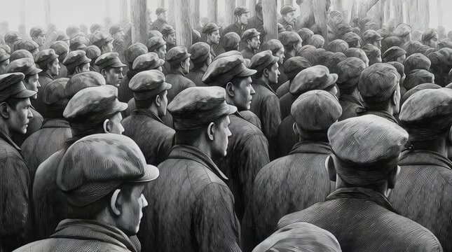 Black and white illustration of 1920s era workers forming a labor union and protesting unfair labor practices - industrial revolution and workers rights concept for activism in the workplace