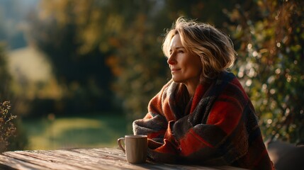 A middle-aged Caucasian woman with short blond hair sits at a wooden table in the countryside, holding a mug. Autumn foliage surrounds her, creating a cozy atmosphere.