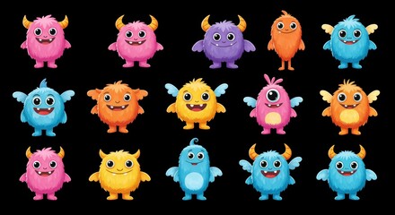 Delightful Collection of Colorful Cartoon Monsters on a Black Backdrop Displayed Attractively