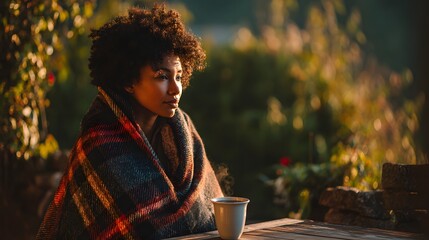 A young Black woman with curly hair sits wrapped in a plaid blanket, enjoying a warm drink in a serene countryside setting during autumn.