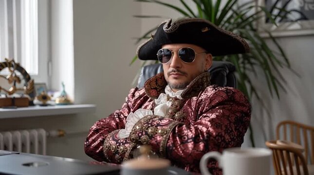 Piracy concept with a modern day pirate dressed like a swashbuckler in their home office surfing the internet and violating copyright law by infringing on intellectual property via torrents, streams,