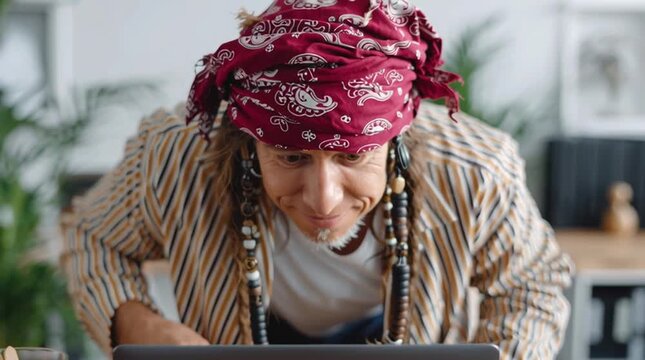 Piracy concept with a modern day pirate dressed like a swashbuckler in their home office surfing the internet and violating copyright law by infringing on intellectual property via torrents, streams,