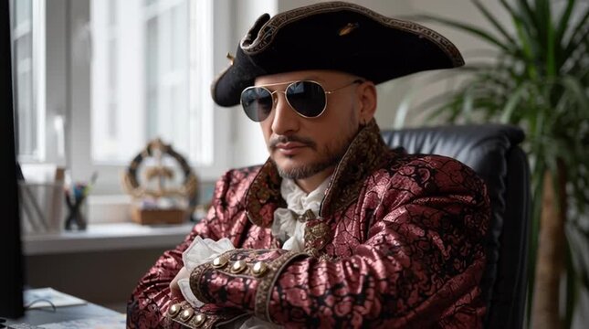 Piracy concept with a modern day pirate dressed like a swashbuckler in their home office surfing the internet and violating copyright law by infringing on intellectual property via torrents, streams,