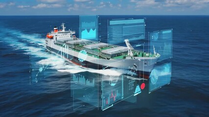 Autonomous Cargo Ship with Digital Data Displays on Ocean  - Powered by Adobe