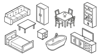 Furniture Outline Top and side View Icon Set, Thin Line Vector Symbols for Interior Design and Architectural Floor Plan Layouts