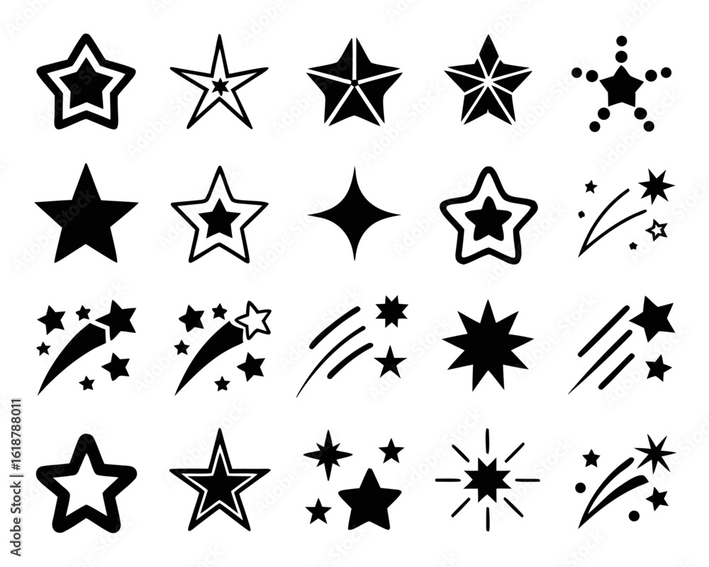 Poster collection of red falling star icons with celestial and cosmic elements showcasing a vibrant palette