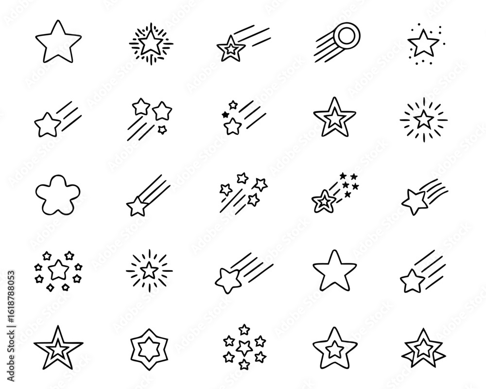 Poster collection of celestial falling star symbols in vibrant red showcasing a group of cosmic elements fo