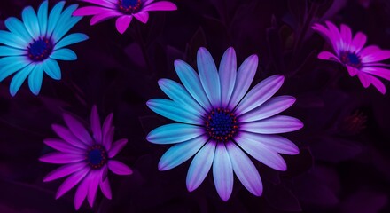 A collection of vibrant flowers with blue and purple hues against a dark background in the garden
