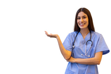 Young female doctor wearing blue scrubs and stethoscope presenting something with her open hand and smiling on a transparent background
