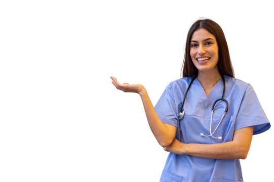 Young female doctor wearing blue scrubs and stethoscope presenting something with her open hand and smiling on a transparent background - Powered by Adobe