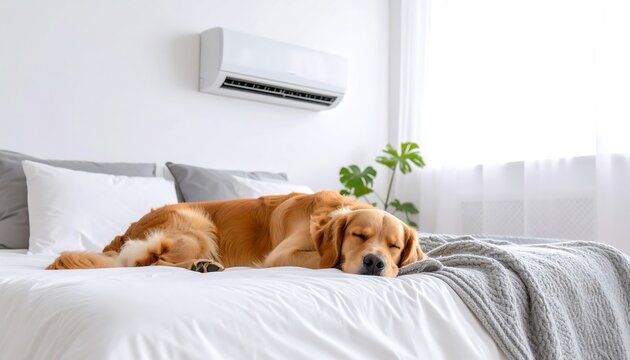 Golden Retriever sleeping on a bed in a bright room - Powered by Adobe