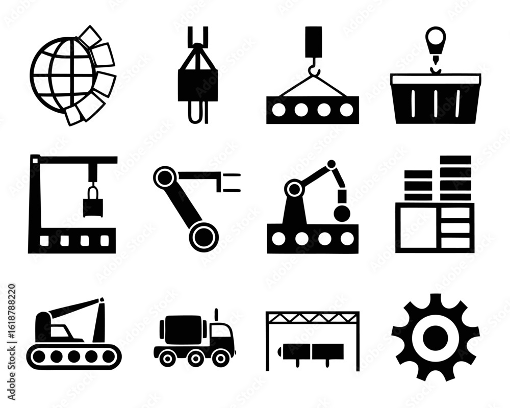 Poster collection of minimalist outline graphics representing industrial manufacturing operations and facto