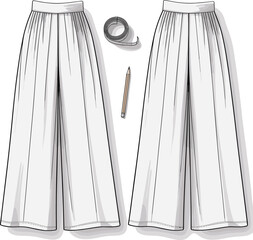 Flat Sketch of Women's Wide-Leg Pleated Pants, Elasticated Waist, Flowy Palazzo Trousers, Technical Drawing, Apparel CAD Template, Front and Back.