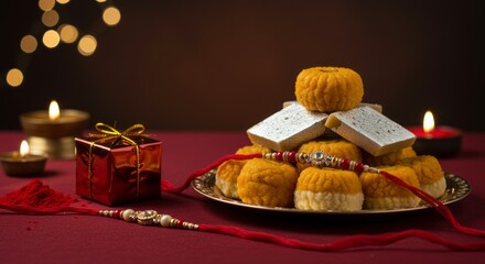 Raksha Bandhan sweets and a hand band  with a traditional " AI Generator "
