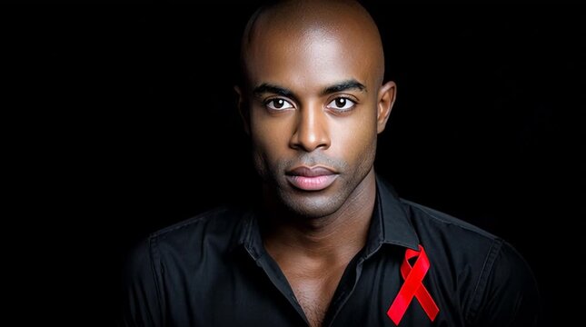 AIDS awareness concept with a well-dressed appealing black male model wearing all black on black background with a red ribbon for awareness of HIV and AIDS