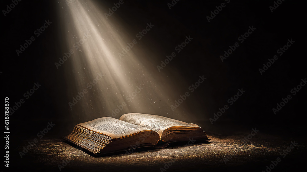 Poster illuminated pages: an open book is bathed in a beam of light, creating a sense of knowledge, enlight