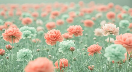A field of ranunculus flowers in shades of pink and green with a soft focus and dreamy aesthetic