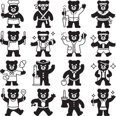 Obraz premium Adorable cartoon bear characters dressed in various professions and costumes black and white illustrations