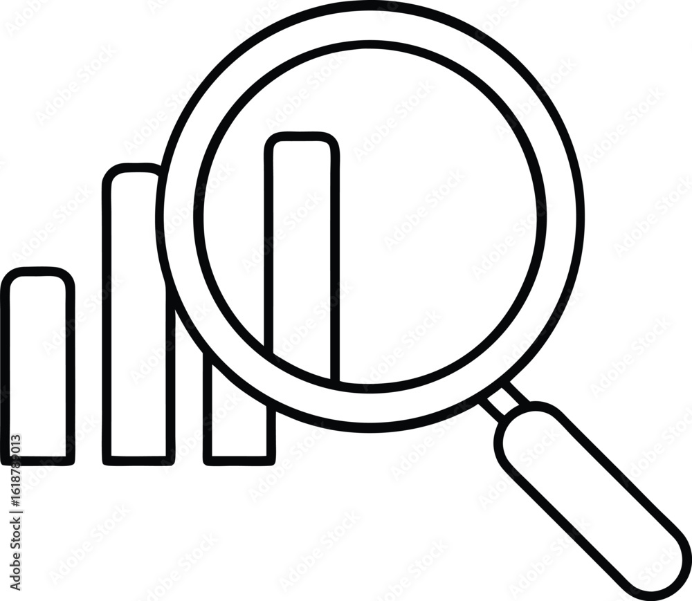 Poster line icon of a search magnifier over a bar graph isolated on transparent background
