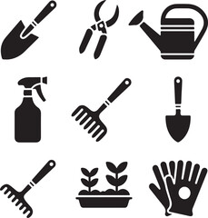 Obraz premium Black and white garden tools collection for planting and horticultural activities