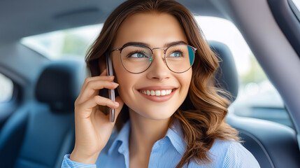 Smiling young woman sitting in the back seat of a car, holding a smartphone, phone conversation.