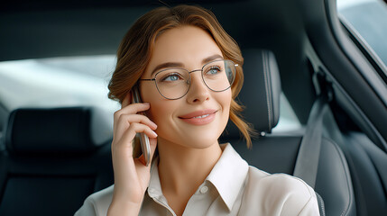 Smiling young woman sitting in the back seat of a car, holding a smartphone, phone conversation.