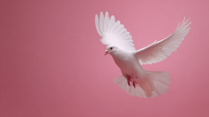 Obraz premium White dove soars against a pink backdrop, wings spread wide in flight, a symbol of peace and grace. Captivating elegance against a vibrant canvas.